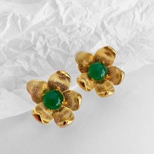 Middle-aged Vintage Retro Gold Flower with Agate Hearts Earrings